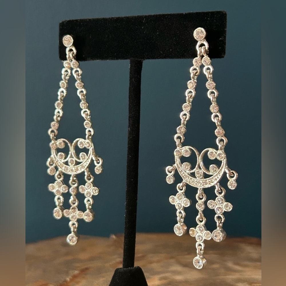 Vintage Monat Crystal Chandelier Silver Tone Pierced Earrings - Picture 3 of 11